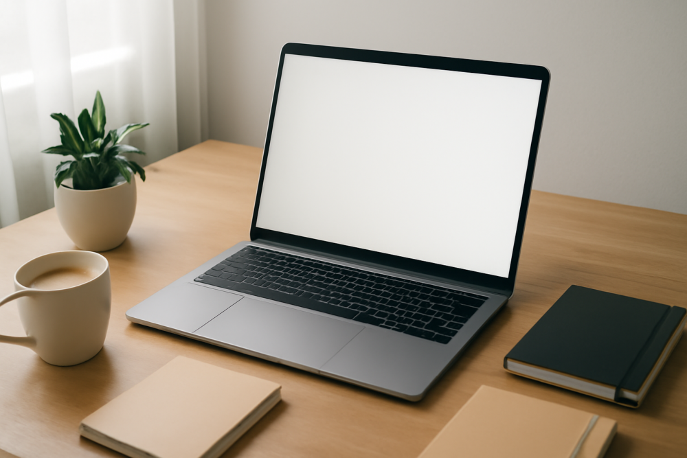 Refurbished laptop op studentenbureau met notitieboeken en koffie in daglicht