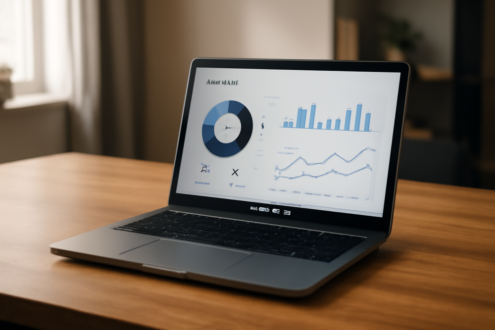 Refurbished laptop op houten bureau in modern thuiskantoor, warm daglicht