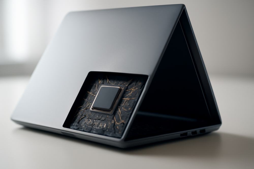 Close-up van processor in een refurbished laptop op een witte bureau