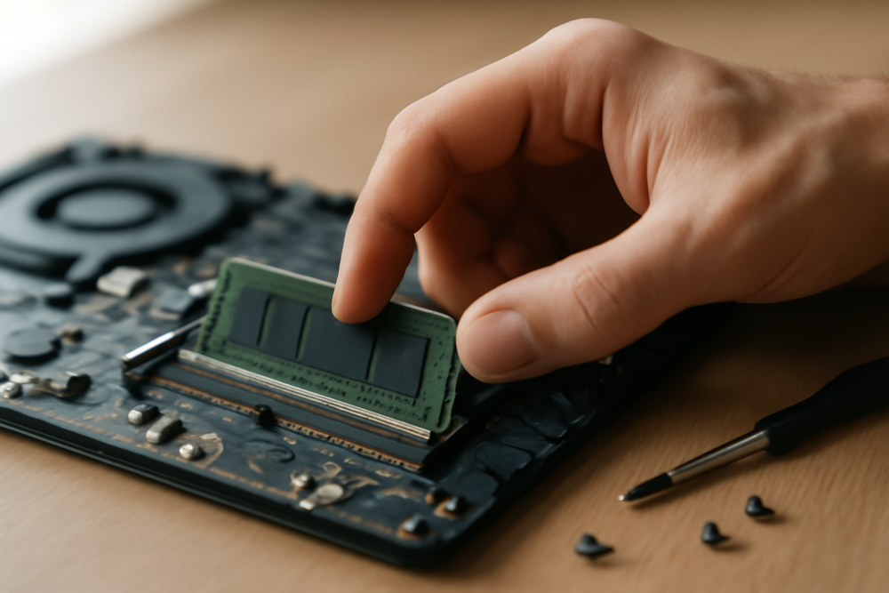 Hand die een RAM-module installeert in een open refurbished laptop op een houten bureau