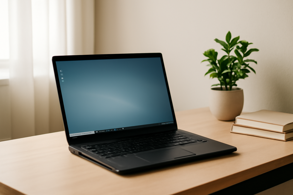 Refurbished zakelijke laptop op een opgeruimd kantoorbureau met natuurlijk licht
