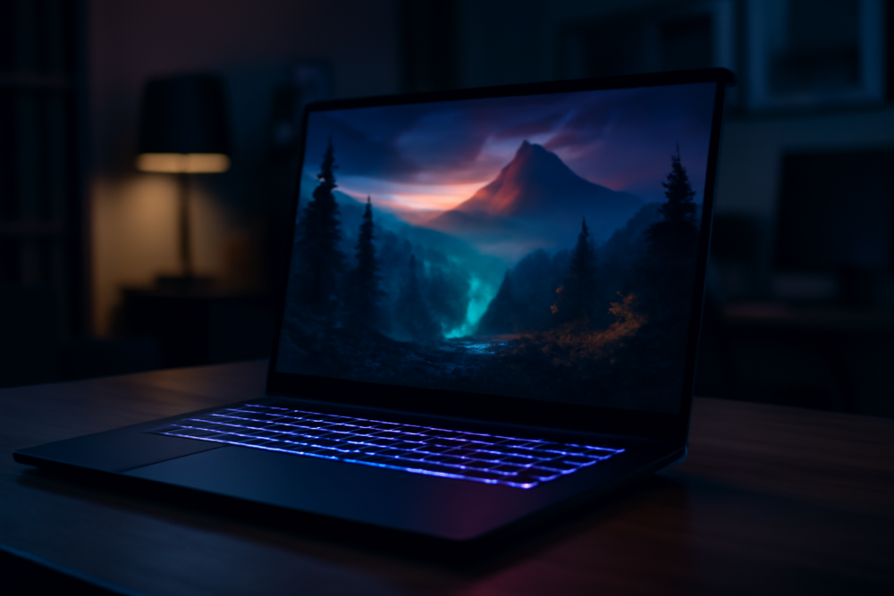 Refurbished gaming laptop met verlicht toetsenbord op een bureau in een modern thuiskantoor