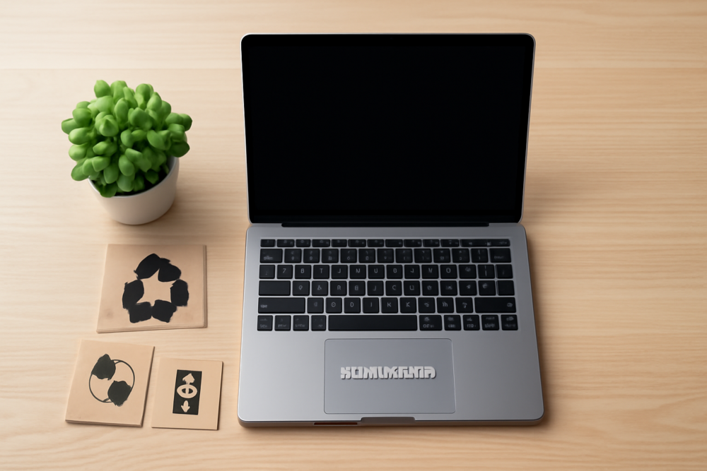 Refurbished laptop op houten bureau naast een groene plant, symbool voor duurzaamheid