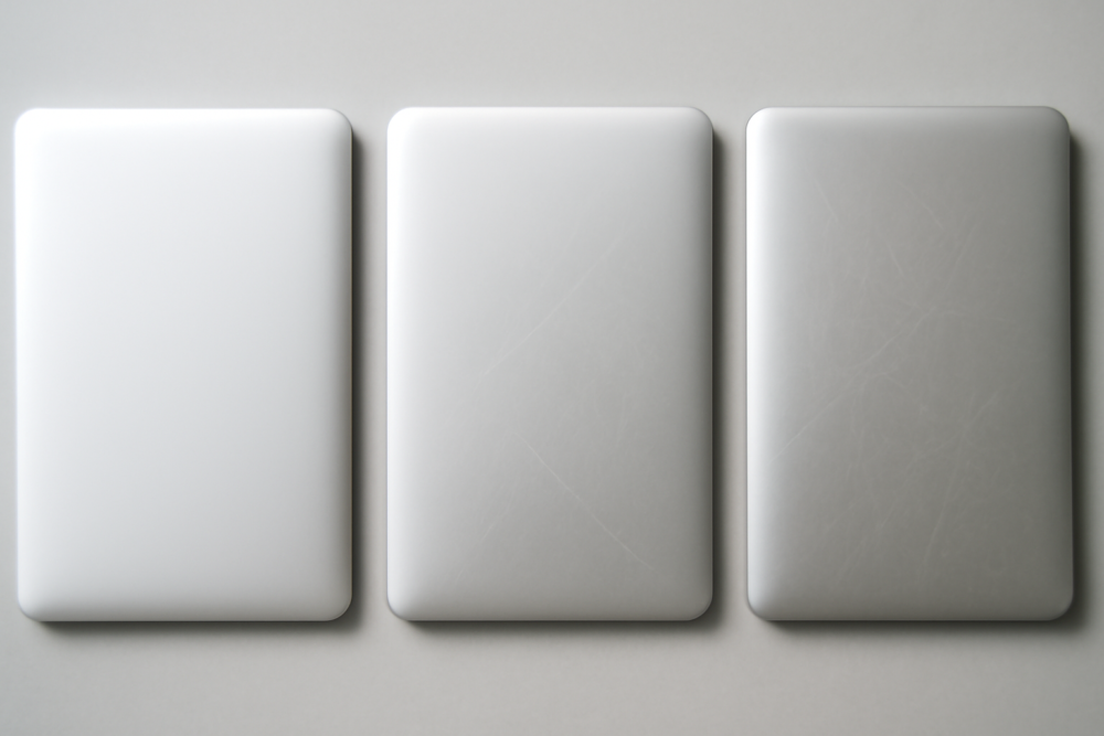 Drie refurbished laptops naast elkaar met verschillende graderingen: Grade A, B en C