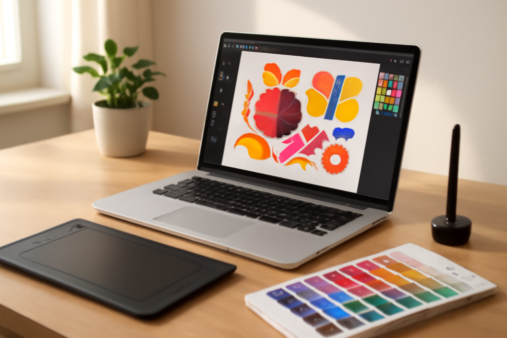 Refurbished laptop op ontwerpersbureau met grafisch ontwerp op het scherm