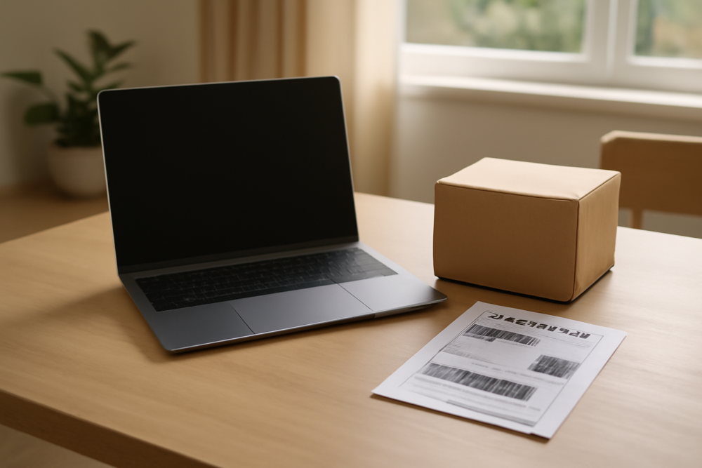 Refurbished laptop op bureau naast retourverpakking voor terugsturen