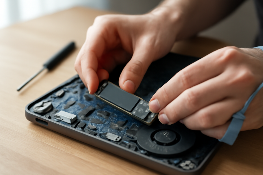 Persoon installeert een nieuwe M.2 SSD in een geopende refurbished laptop