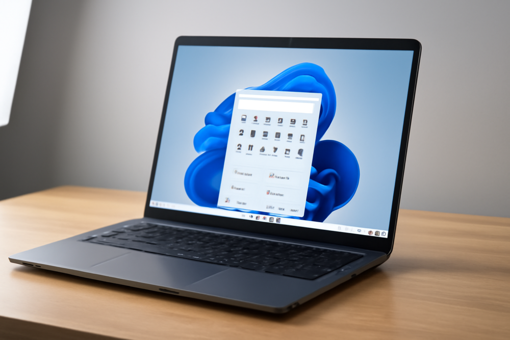 Refurbished laptop op bureau met Windows 11 opstartscherm en modern design