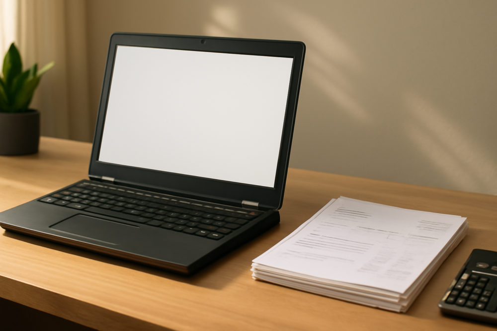 Refurbished laptop op een zakelijk bureau naast facturen en een rekenmachine