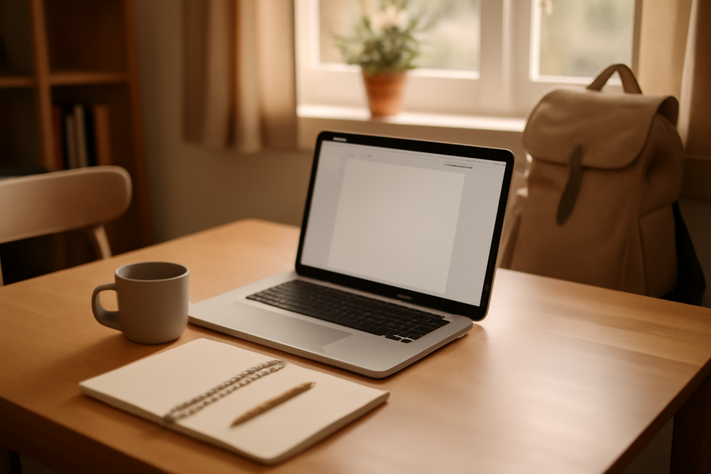 Eerstejaars student met laptop aan bureau klaar voor het studiejaar 2026