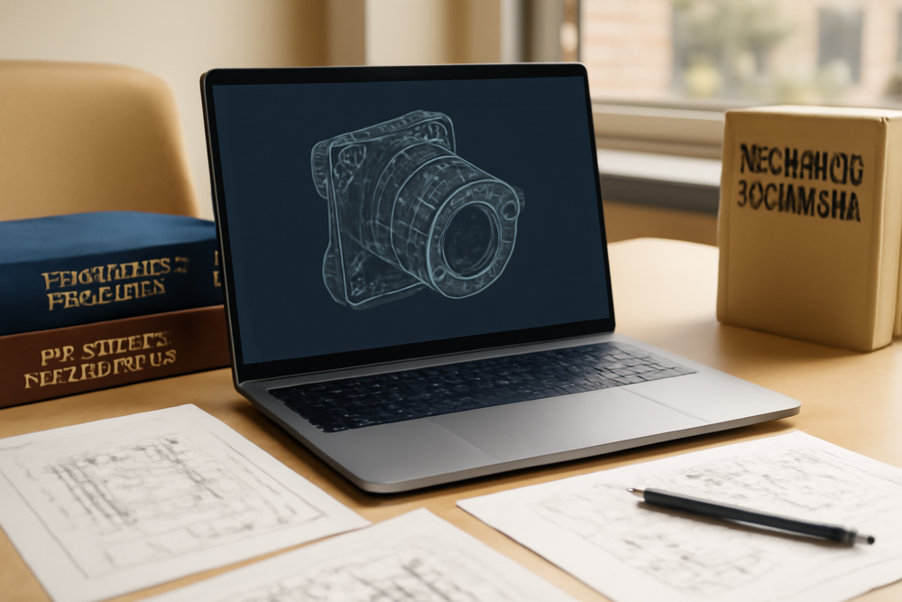 Refurbished laptop op universiteitsbureau met CAD-model voor technische studie