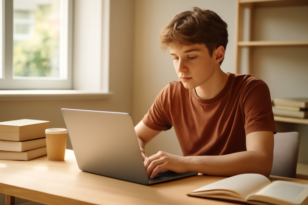 Student werkt op een refurbished laptop aan zijn bureau met studieboeken