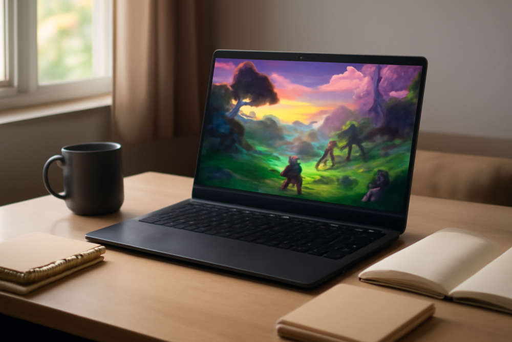 Refurbished gaming laptop op studentenbureau naast studiemateriaal en koffie