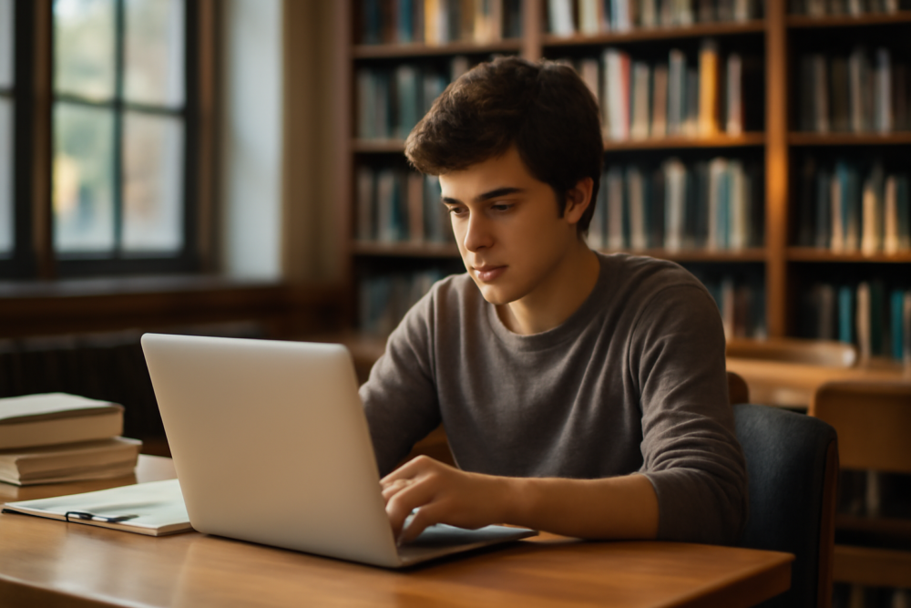 Student werkt op een refurbished laptop met lange batterijduur in de bibliotheek