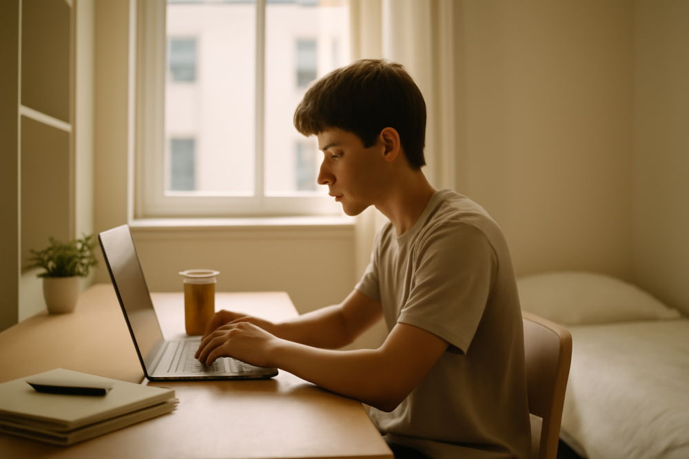 Student aan bureau met laptop in lichte studentenkamer, vergelijkt lease en koop