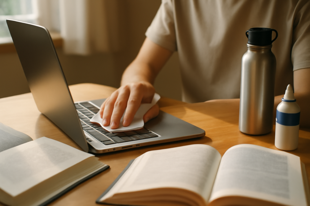 Student reinigt laptop toetsenbord met microvezeldoek op een studieplek