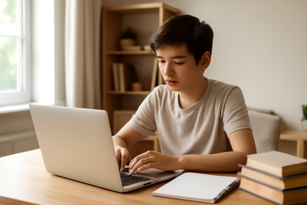 Student achter een laptop aan een bureau in een lichte studeerruimte