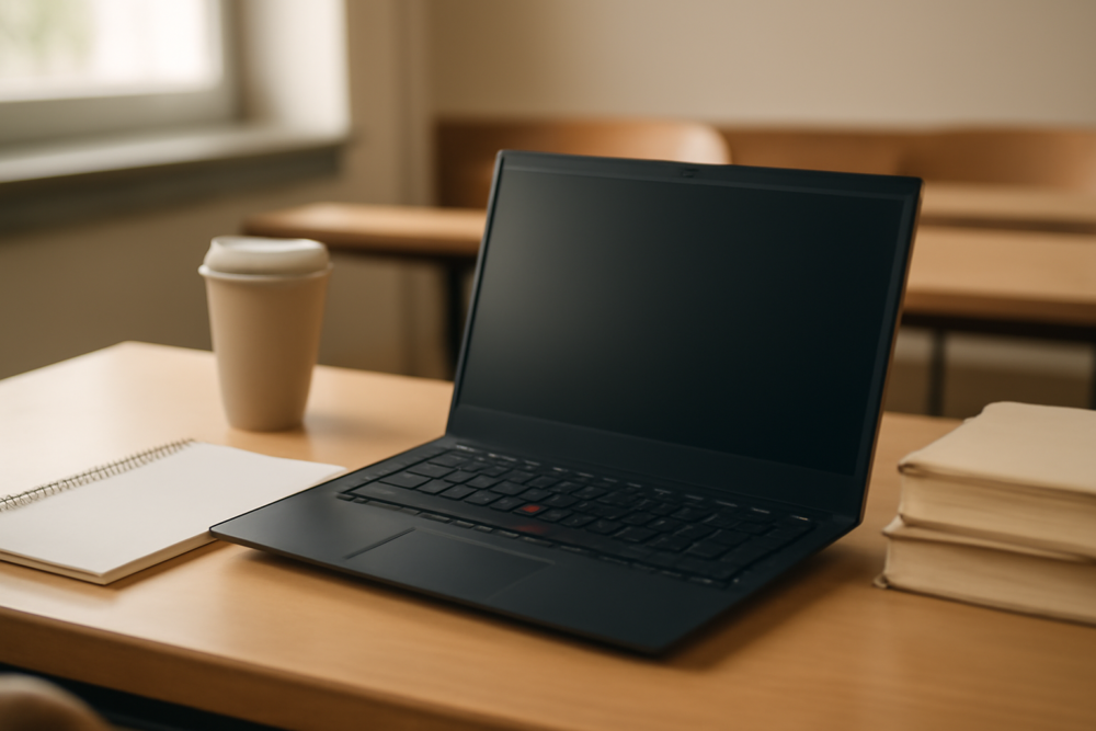 Refurbished ThinkPad student laptop open op een houten studiebureau met studieboeken